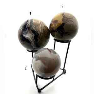 Set of 3 Crystal Spheres- Volcano Agate, Septarian & Orca Agate- with stand